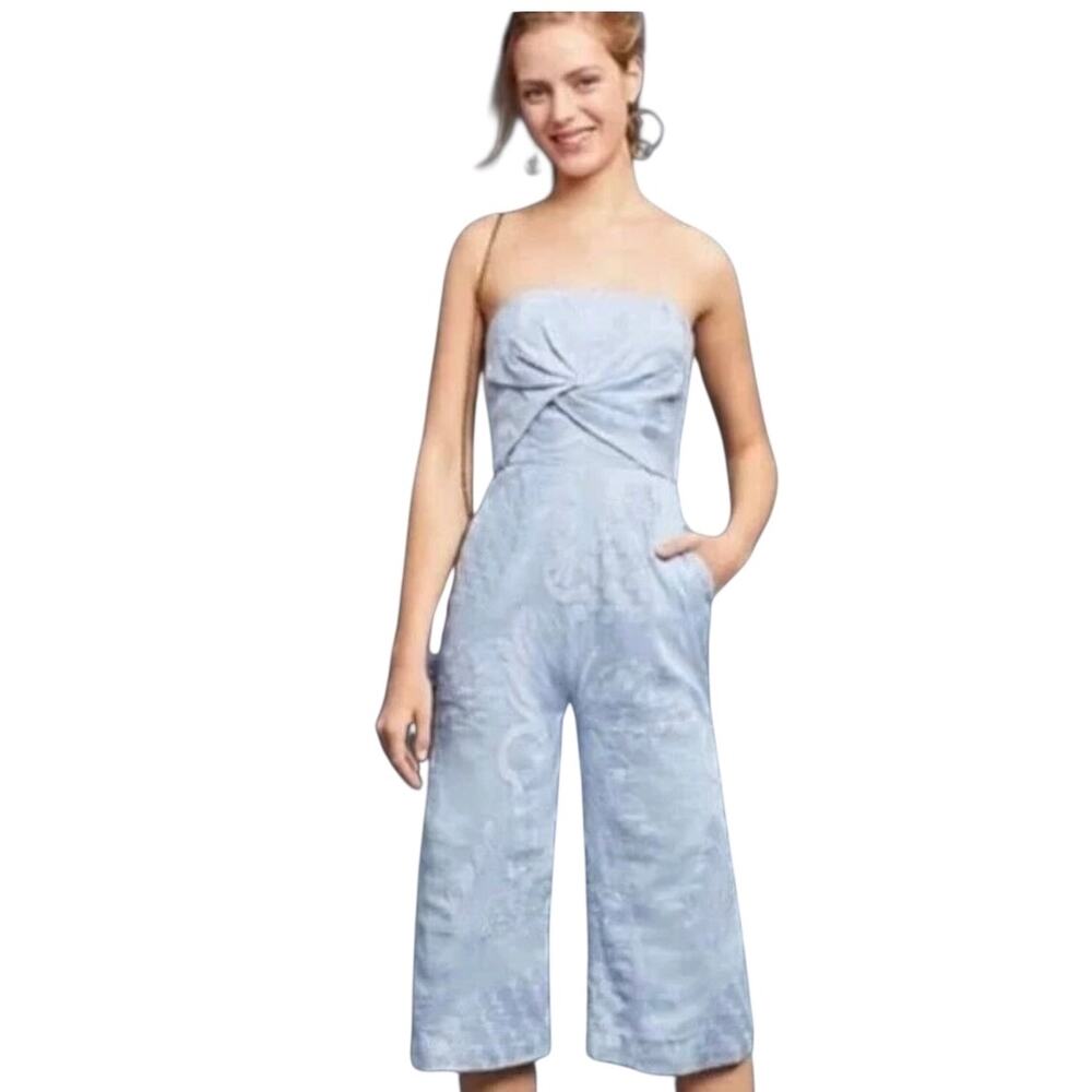 Aijek Strapless Jumpsuit Blue Embroidered Silk Linen Blend Wide Leg Size‎ 1